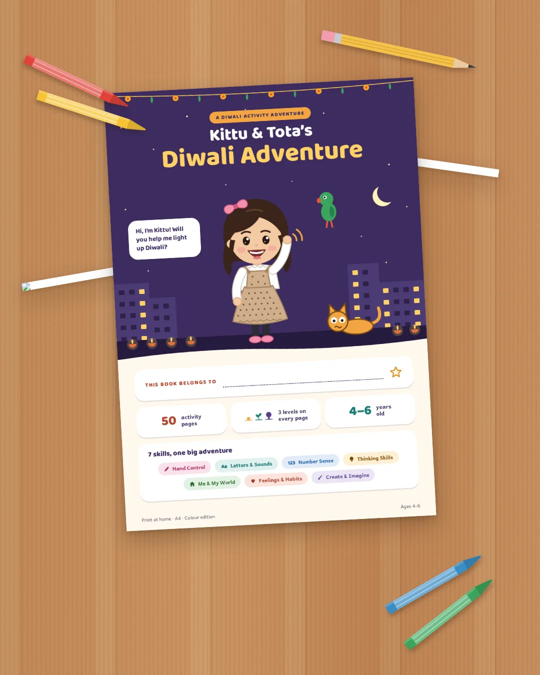 Kittu & Tota's Diwali Adventure printable book cover with crayons